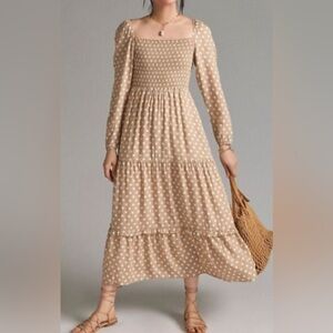 Anthropologie tan and white polka dot dress